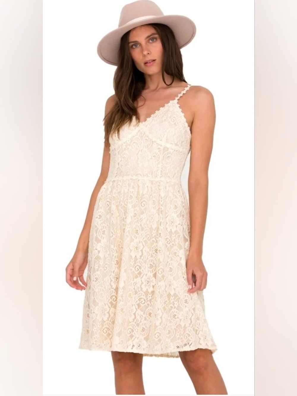 Miss Me Lace Spaghetti Strap Midi Dress in Ivory